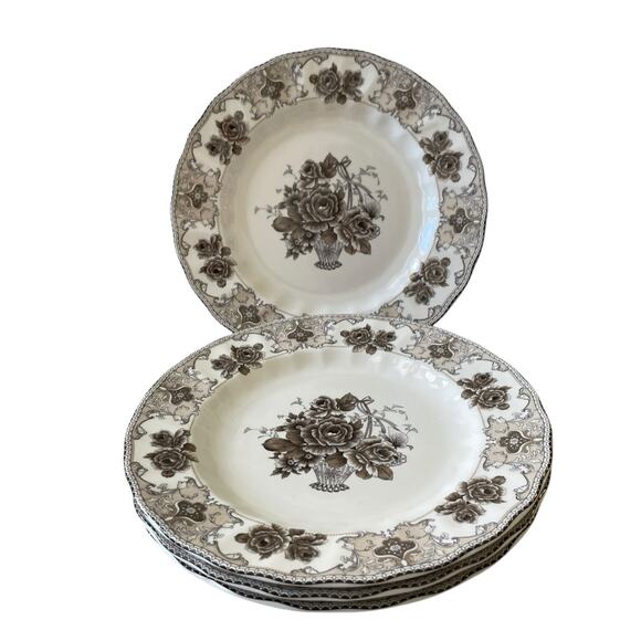 4pc Palate & Plate Victorian BROWN Rose Floral 10.5" Dinner Plates Scalloped New - Picture 13 of 15